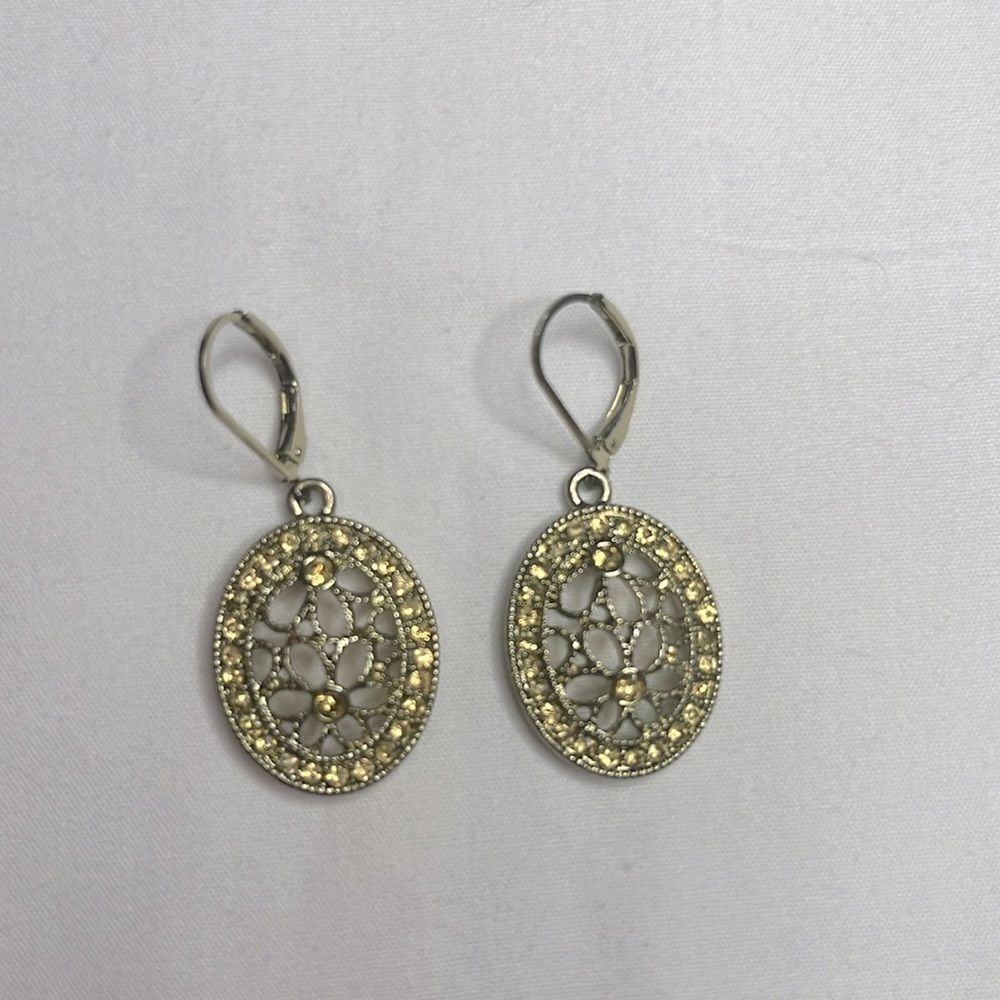 Monet Floral Filigree Gold Toned Dangle Drop Earrings with Gold stones retro